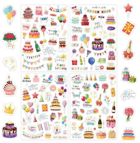 Canollo 4 Blätter Sticker Gästebuch Geburtstag, Sticker Geburtstag Erwachsene Kinder, 120+ Motive Scrapbook Stickers, Happy Birthday Aufkleber Set für Party, Fotoalbum, Gästebuch, DIY Karten Deko