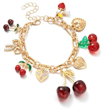 JWIGP Cherry Bow Heart Charm Bracelet, Gold Chunky 3D Fruit Realistic Enamel Pearl Adjustable Chain Handmade Fashionable Christmas Jewelry Gifts for Women (gold chain)