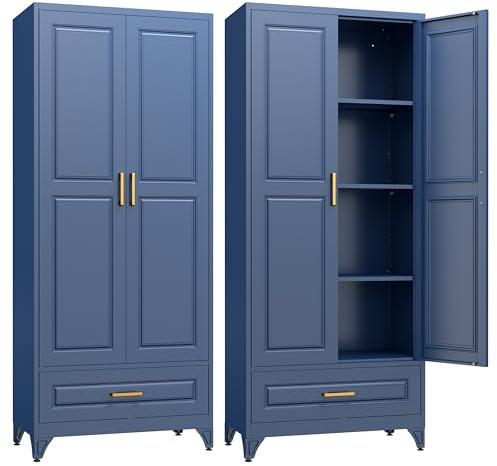 TIMELESS PIECES Metallschrank mit Schubladen Stahlschrank 190 x 80 x 40 cm | Aktenschrank mit 3 verstellbaren Einlegeböden,Aufbewahrungsschrank mit 2 Türen Mehrzweckschrank für Haus Büro Garage Blau