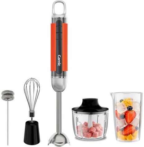 Camic 4-in-1 Stabmixer, Kabelloses Elektrische Stabmixer mit 6-Stufiger + Turbo, Inklusive Edelstahl-Mixfuß, Schneebesen, Milchaufschäumer und 500ml Lebensmittelhacker für Suppen und Milchshake