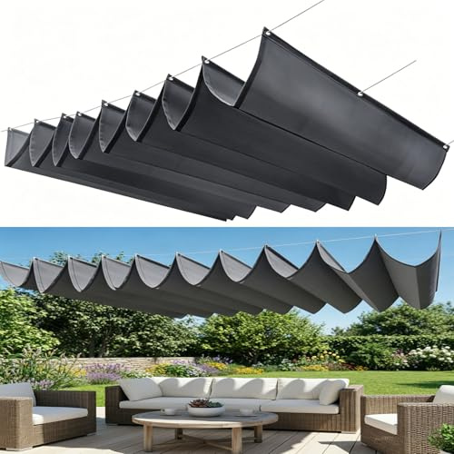 Voile d'ombrage Rétractable 350 x 400 cm Store Ondulé sur Mesure Imperméable, de Protection UV, Protection Solaire Toile Ombrage Imperméable pour Extérieur Jardin, Gris Foncé