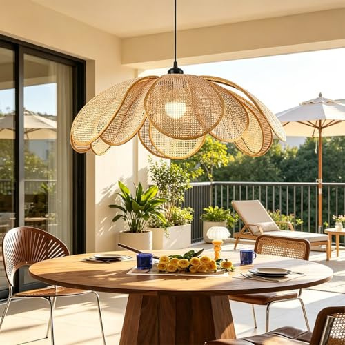 YZSJ Blumenförmige Rattan Pendelleuchte Handgewebte Hängeleuchte E27 Natürliche Deckenlampe Für Wohnzimmer Schlafzimmer Esszimmer Flur Küche Moderne Rustikale Verstellbarer Höhe(50CM)