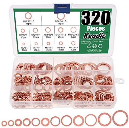 Keadic 320Pcs 12 Sizes Flat Washer Assortment Kit Copper Metric Sealing Washers - M5 M6 M8 M10 M12 M14 M16 M20