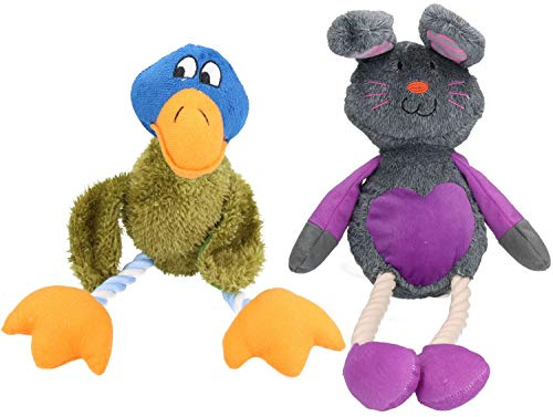 AB Tools Mr Twister Delia Duck And Ruby Rabbit Plush Rope Dog Toy With Squeak 2pk