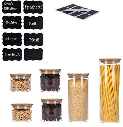TALK-POINT 6er Set Vorratsdosen aus Glas mit Bambusdeckel Vorratsgläser Glasbehälter Spaghetti- Glas | inkl. 8 Kreideetiketten und Stift | luftdicht Spülmaschinenfest Mottensicher (6er Set - Mix)