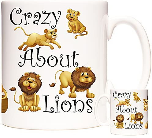 Tazza da caffè con leone Crazy About Lions. Tazza regalo in ceramica da 325 ml per gli amanti dei leoni. Tazza regalo Re delle Bestie. Tazza da caffè regalo con leone