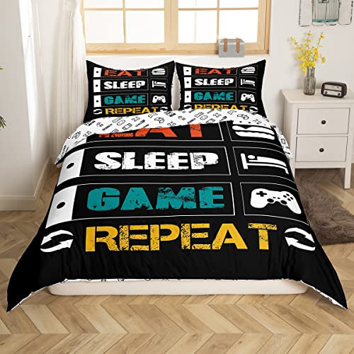 Juego de ropa de cama para niños y adolescentes, funda de edredón con mando de videojuegos, divertido y creativo para comer, dormir, repetir, tamaño doble