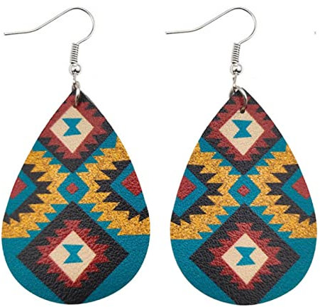 YQHWLKJ UV-Druck Pu-Leder Teardrop Azteken Ohrringe Für Frauen Mode Ethnische Schmuck Bijoux Geschenke-E649 A,3.8 * 6.8Cm