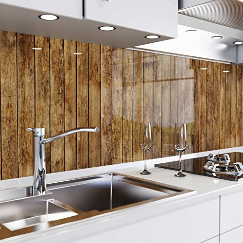 danario Küchenrückwand selbstklebend - Glasoptik - Spritzschutz Küche - versteifte PET Folie - 0,8 mm - Holzlatten - 60cm x 500cm