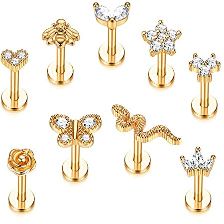 CASSIECA 9 Stück Edelstahl Lippenpiercing Stud Labret Piercing für Frauen Männer 16G CZ Blume Herz Biene Schmetterling Schlange Labret Ohrstecker Knorpel Helix Tragus Ohrringe Lippe Piercing, 6mm 8mm