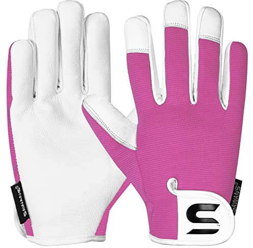 SAWANS Leder-Gartenhandschuhe für Damen und Herren, dornensichere Gartenhandschuhe für Damen und Herren, ideales Gartengeschenk, langlebige Ziegenleder-Arbeitshandschuhe (Rosa, L)