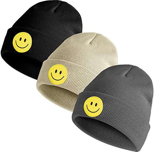 Foaincore 3er-Pack bestickte Wintermützen für Damen und Herren, Strickmütze, Smiley-Gesicht, dehnbar, Totenkopfmütze, Cool, M/L