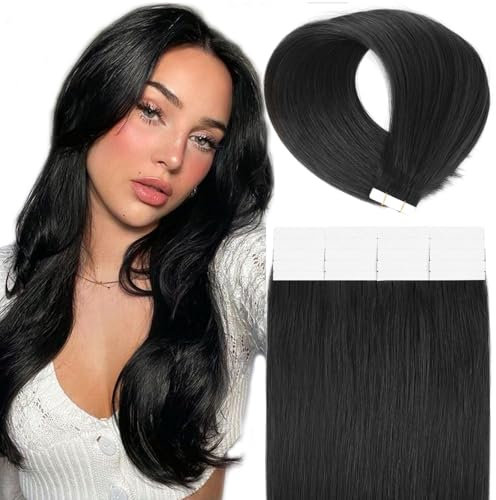 YMEYME Haarverlängerungen Tape ins Jet Black Unsichtbare Gerade Nahtlose Echthaarverlängerung 50g 20 Stück 50cm