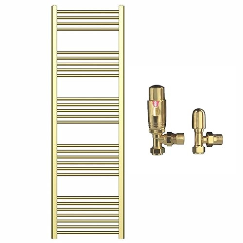Myhomeware 550mm Wide Gold Heated Bathroom Towel Rail Radiator With Valves For Central Heating UK (With TRV Angled Valves, 550 x 1600 mm (h))