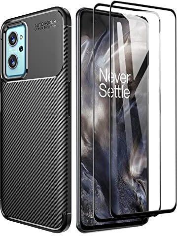 GOKEN Funda para Realme GT3 / Realme GT Neo 5 5G (Neo5) y 2 Piezas Cristal Templado, TPU Silicona Fibra de Carbono Protección Carcasa, Bumper Caso Case Cover con Shock- Absorción, Negro