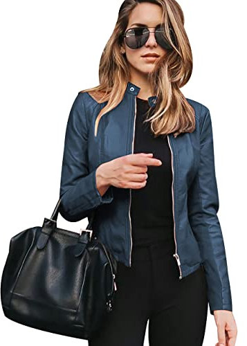 Giubbotto Ecopelle Donna Giacca Similpelle Donna Giubbino Giacche Ecopelle Donna Giacca Biker Jacket Faux Leather Jacket Donna Giacca Bikers Finta Pelle Sintetica Donna Stand-up Curvy Primavera Blu L