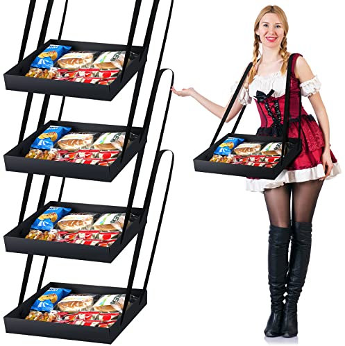 PerKoop 4 Pcs Black Snack Trays Movie Snack and Beverage Carrier Girl Party Wearable Vending Tray with Strap 20's Theme Costume Accessory Prop with 8 Black Ribbons for Women, 2 x 11 x 13 Inches