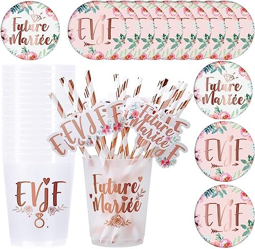 iZoeL Gobelet EVJF Badge Future Mariée Badge EVJF Accessoire Enterrement de Vie de Jeune Fille, 15 Kit EVJF Accessoire Bride Accessoires EVJF Paille EVJF - Team Bride Accessoire EVJF Decoration