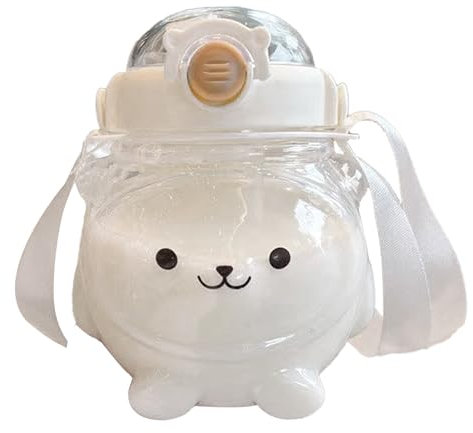 Niedliche Wasserflasche, 1000 Ml, Großes Fassungsvermögen, Süße Panda-Flasche, Direktes Trinken, mit Strohhalm und Tragegurt (Klares Weiß)