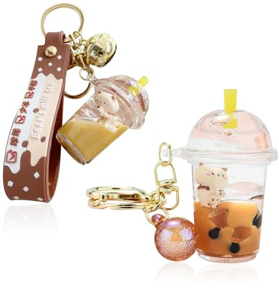 BEIBXHQQ 2 Pieces of Milk Tea Bear Keychains, Quicksand Key Pendants, Creative and Cute Keychains, Milk Tea Cup Keychains, For Bags, Keys, DIY Pendants