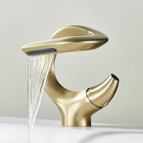 MocArt 7012 Wasserfall Wasserhahn, S-förmiger Kreativer Badarmaturen, Waschtischmischer-Wasserhähne, Keramikventilkern, Wassersparendes Design (Mattes Gold)