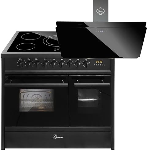 GURARI Elektro-Standherd GCH E 912 DF BL+GCH S 411 90 BL PRIME N, Elektro Standherd 90 cm mit 1-fach-Teleskopauszug, Doppelbackofen+Dunstabzugshaube 90 cm