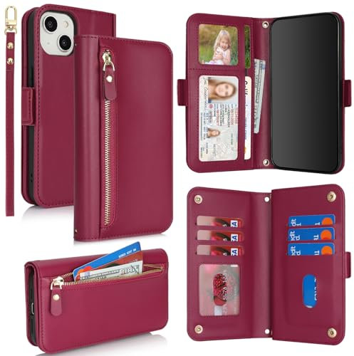 SailorTech for iPhone 15 Phone Case Wallet with Card Holder for Women, iPhone 15 Wallet Case with Credit Card Slots Flip Case Zipper Shockproof Case for Men - Red