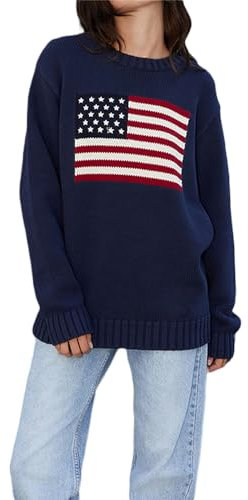SANSIWU Damen Y2k Pullover mit Vintage-Flagge, langärmelig, USA-Flagge, bedruckt, Strickpullover, 4. Juli, adretter Sternpullover, Sweatshirt, Streetwear, F-02, M