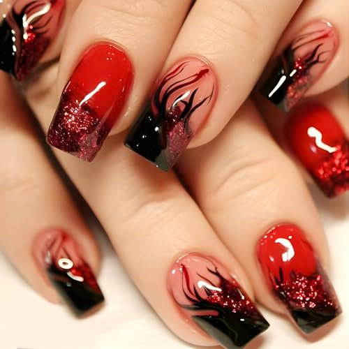 GlamRays 24 Pieces Flame Press on Nails Short Square Red False Nails With Glitter Design Black Flames False Nails Full Cover Glue Nail