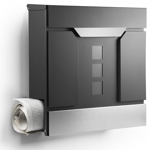 Moderner Briefkasten Personalisierbar Madrid Anthrazit RAL7016 - mit Zeitungsfach - Wandbriefkasten mit Edelstahl Namensschild und Hausnummer Gravur (Ohne Gravur)