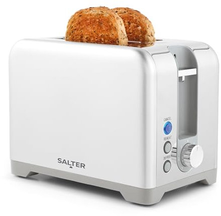 Salter Aspen 2-Slice Toaster – Wide Slots, 7 Variable Browning Levels, Removable Crumb Tray, Defrost, Reheat & Cancel, Extra Thick Bread, Bagels, Crumpets, Teacakes, Self-Centring, 930W, Silver