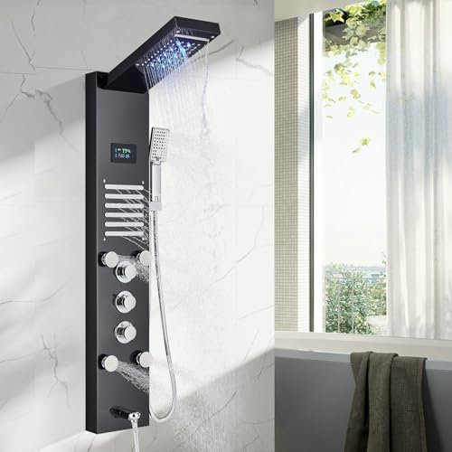 TTICCTIY Bathroom Shower Panel Tower with Waterfall, Rainfall Shower, LED Shower Tower Panel Stainless Steel Hydromassage Temperature Display Shower Screen Black
