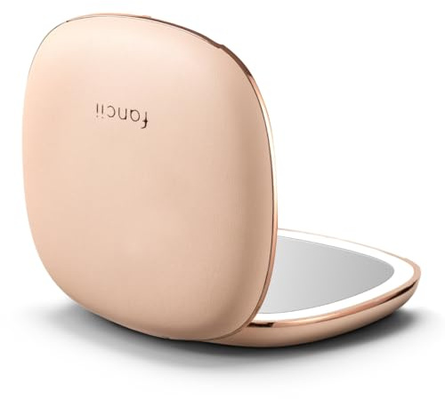 Fancii Mila 2 Kompakter Schminkspiegel mit LED-Licht, wiederaufladbar, 10-fach/1-fache Vergrößerung, Tru-Glow-Beleuchtungssystem, veganes Leder, kleiner Reisespiegel für Geldbörsen (Champagner Creme)