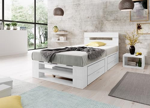 Lermowood Palettenbett M2 aus Holz 90 x 200 cm Weiß mit Kopfteil und 2 Bettkästen Holzbett 30cm Stabiles Seniorenbett Kinderbett Jugendbett Gästebett erhöhtes Bettgestell Futon Komforthöhe Naturholz