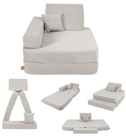 Angelove Kindersessel 3‑in‑1 - Faltbare Kindercouch & Spielmatratze aus Cord, Bequemer Spielsofa‑Sessel ab 1 Jahr, Grau
