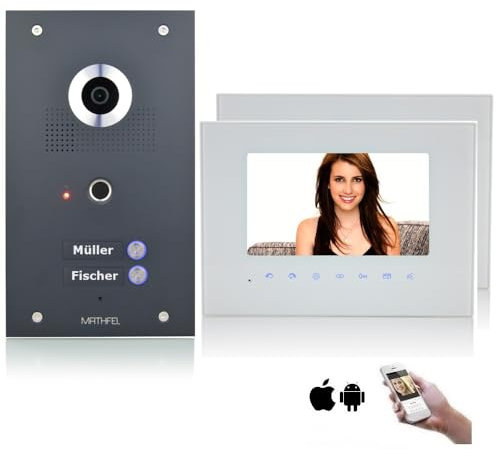 MATHFEL 2 Familienhaus 2-Draht Bus Technik WLAN Video Türsprechanlage mit 170 Grad Kamera aus Edelstahl mit Fingerprint – in Anthrazit mit Gravur Personalisiert (2x7'' WLAN)