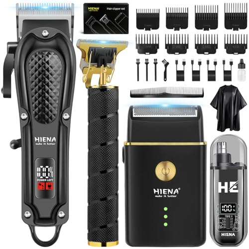 HIENA PRO Professionell Haarschneidemaschine Set für Männer, Schnurloses Haarschneider, Barttrimmer, Folienrasierer, Nasentrimmer Set, Komplettes Elektrischer Haarschneide-Kit mit 8 Führungskamm