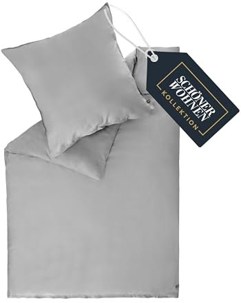 SCHÖNER WOHNEN Satin Bettwäsche 155x220 Baumwolle Grau - Luxus Bettwäsche-Set 2teilig - weich & atmungsaktiv - bestehend aus 1 Bettwäschebezug und 1 Kopfkissenbezug 80x80cm - Öko-Tex Zertifiziert