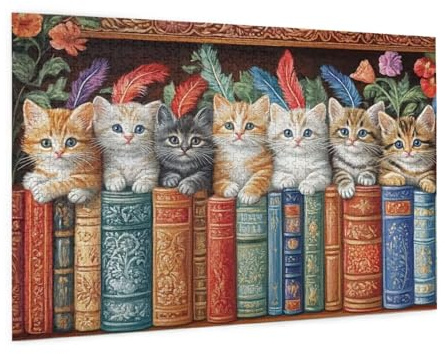 Katze Puzzle 1000 Teile Erwachsene Puzzle Bibliothek Muster Design mit Geschenkbox-Verpackung als Geschenk für Frauen, Anspruchsvolle Familienaktivität für Anfänger, Zimmer Deko 75 x 50 cm -904y
