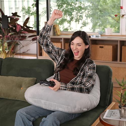 AmyWtb Ergonomic U-Shape Gaming & Lap Pillow - Crochet Pillow & Reading Support Pillow with Arm Relief, Comfort for Gamers, Crafters & Book Lovers (light grey)