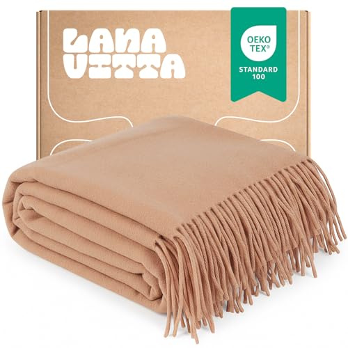Lanavitta – Wolldecke „Oven“ – Tagesdecke & Bettüberwurf – 100 % Neuseeland-Wolle, Warmer Sofa-Plaid – Hellbeige – 140x200 cm