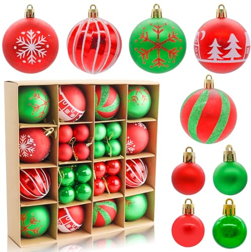 44PCS Christmas Baubles for Christmas Tree Decorations, Xmas Ornaments Set Hanging Balls for Tree Home Party Decorations, Green Red