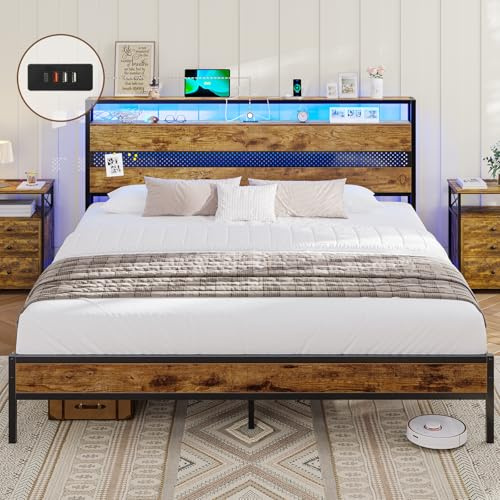 AOGLLATI 5ft Metal Bed Frame with Wooden Headboard, King Size Bed Frame with LED Lights and Charging Station,Sturdy Metal Slats Support, UnderBed Storage,Easy Assemble,No Mattress (King-150x200cm)