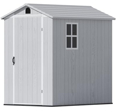TRIUMPHKEY 4x6 Gartenhaus Kunststoff, 117x182x195 cm Gerätehaus mit Boden, Geräteschuppen mit Satteldach und Belüftung, Wetterfest, Outdoor für Garten Rasen, Hellgrau
