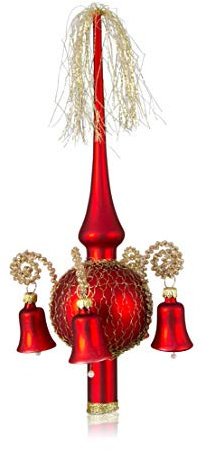 Lauschaer Glas Weihnachtsbaumspitze mit Glöckchen rot matt, umsponnen L ca. 28cm d(Kugel) 7cm Christbaumschmuckspitze mundgeblasen,handdekoriert,Leonischer Draht