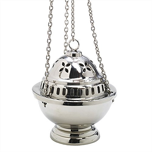 NKlaus incensario Plateado de latón con Cadena 60 cm y Copa extraíble Quemador Artesanal para Incienso meditación Ritual purificación Regalo Espiritual Hecho a Mano Altura 14 cm 2915