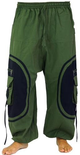 GURU SHOP Goahose, Herren Yoga Hose, Bequeme Freizeithose - Olive/schwarz, Size:L/XL