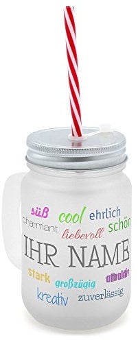printplanet® - Trinkglas mit Henkel und Strohhalm - personalisiert mit Namen - Motiv Positive Eigenschaften - Henkel-Glas satiniert mit Deckel und Mehrweg-Trinkhalm
