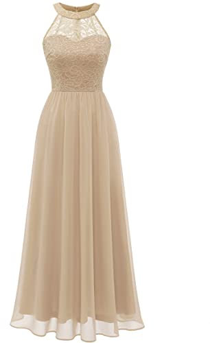 Wedtrend Robe de Soiree Femme sans Manche Cocktail Chic Mousseline en Dentelle pour Mariage Ceremonie WT0201 Champagne M