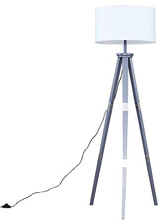 MiniSun | Large Modern Grey Wood & Metal Tripod Design Floor Lamp with a White Cylinder Shade Complete with a 6w LED GLS Bulb [3000K Warm White] | Floor Lamps, Home Décor & Improvement Essential